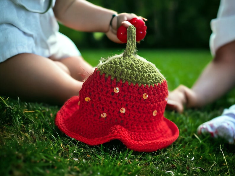 Strawberry Summer Sun hat, hand crocheted in smooth silky cotton yarn, with hand stitched sequins for summer sparkle, sizes: Newborn to 6Y image 4
