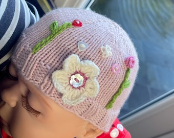 Newborn to Adult Beanie  Hat - Hand Knitted, Crochet  flower, with embroidery and  cute buttons,  in Pure Fine Merino