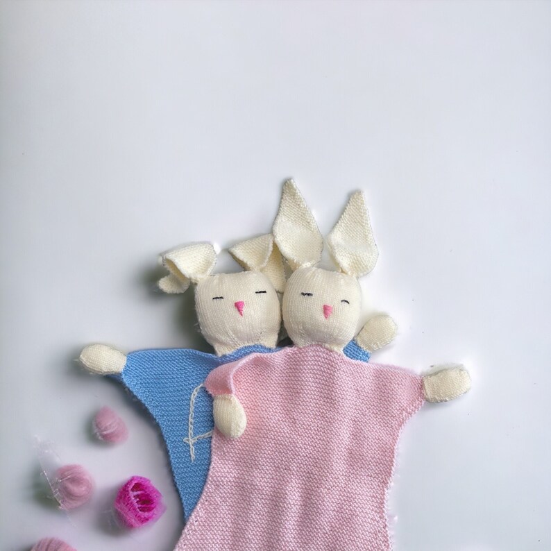 Personalised Baby Bunny Comforter, Hand Knitted in Pure Fine Merino Wool, name or text of your choice new baby gift image 2