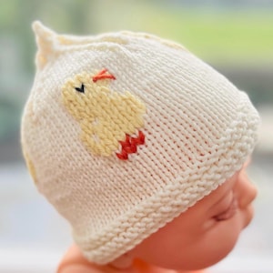Hand-Knitted Merino Wool Baby Chick Hat: Embroidered with 4 Spring Chicks, Pixie Beanie