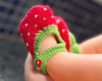 Hand Knitted Strawberry Baby Shoes: Merino Wool or Organic Cotton