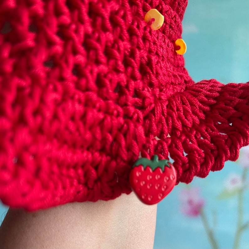 Strawberry Summer Sun hat, hand crocheted in smooth silky cotton yarn, with hand stitched sequins for summer sparkle, sizes: Newborn to 6Y image 7