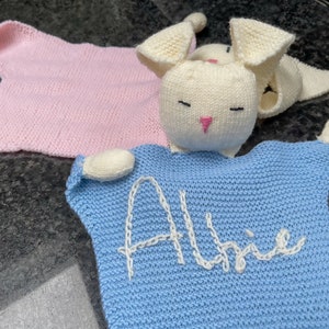 Personalised Name Baby Bunny Comforter, Hand Knitted in Pure Fine Merino Wool, name or text of your choice new baby gift image 3