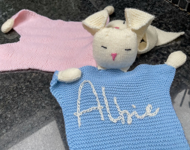 Personalised Baby Bunny Comforter, Hand Knitted in Pure Fine Merino Wool, name or text of your choice new baby gift image 3