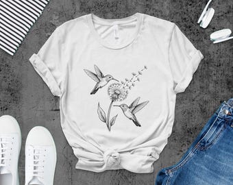 Maglietta con motivo a dente di leone e colibrì: maglietta floreale per amanti della natura