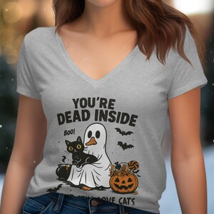 Dead Inside But Still Loves Cats summerween shirt, funny summer T-Shirt,Sweatshirt,Tote Bag,V-Neck T-Shirt, Cat Ghost Halloween Costume