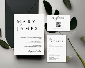 Minimalist Wedding Invitation Suite: Editable QR Code RSVP (Digital Download)