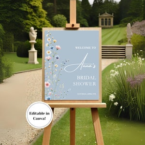 Blue Welcome Sign Template - Floral Editable Bridal Shower Sign - Event Signage  Printable Digital Download | Canva wedding sign template