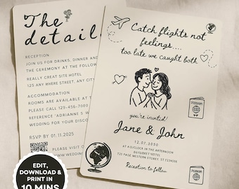 Hand-Drawn Destination Wedding Invitation Suite: QR Code RSVP (Digital Download)
