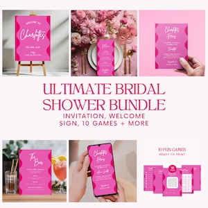 Red and Pink Wavy Border Bridal Shower Pack – Editable Invitations, Welcome Sign and Name Tags – Hens Party Canva Templates