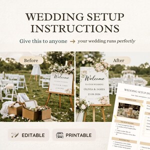 Puede incluir: Una guía de instrucciones para la preparación de la boda con imágenes de "Antes" y "Después" de una ceremonia de boda. La guía incluye un letrero de "Bienvenida" con los nombres Olivia & James y la fecha 21.08.2026. La guía está etiquetada como "Editable" e "Imprimible".