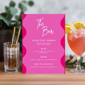 Edytowalny szablon menu baru | Plakat menu koktajli i napojów | Wydrukowana lista piw i win | Menu baru Canva z falistą ramką