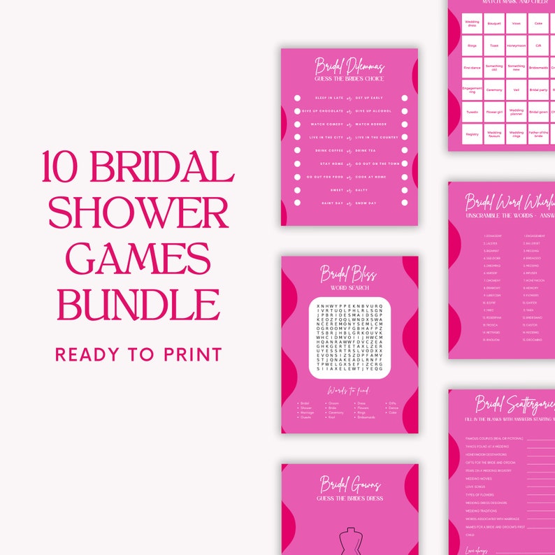 Printable Bridal Shower Games Pack Fun Bridal Party Activities Pink ...