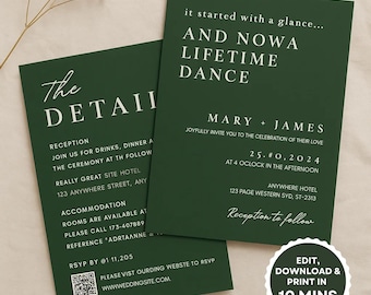 Minimalist Green Wedding Invitation Set: QR Code RSVP (2-Piece Digital Download)