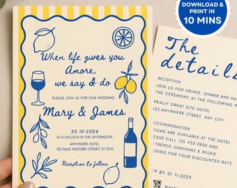 Italian Wedding Invitation Suite – Modern 2-Piece Invite with QR Code RSVP | Editable Printable Template