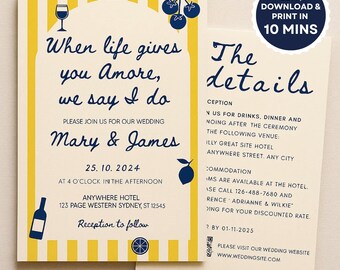 Italian Wedding Invitation Suite: Yellow & Blue Floral, QR Code RSVP (Printable Template)