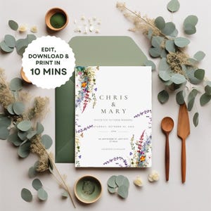 Benutzerdefinierte Wildblumen-Hochzeits-Einladungsvorlage - Boho Brauteinladung Download, Blumenmuster, bearbeitbares modernes Minimal-Set, Sofort-Download