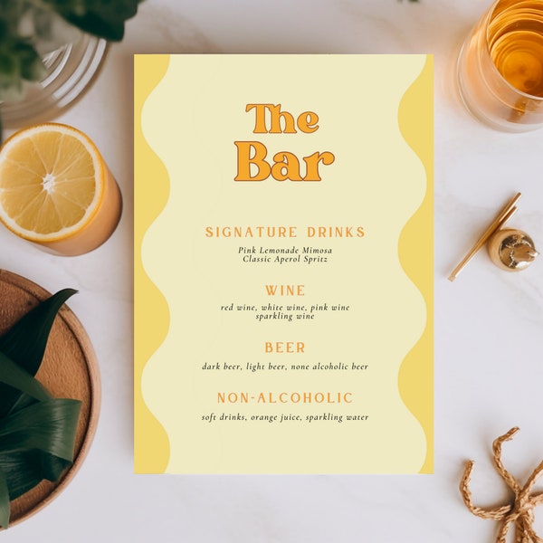 Modern Yellow Wavy Bar Menu Sign Template - Editable Design - Instant Download