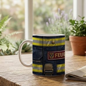 Mug with Firefighter Uniform Close Up Detail Photography Motif image 5