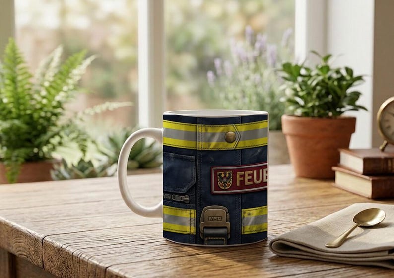 Mug with Firefighter Uniform Close Up Detail Photography Motif image 5