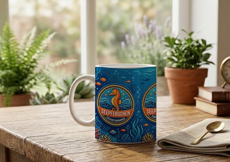 Seahorse Swimming Badge Mug | Nautical Children's Design | Ceramic Coffee Mug for Kids | Swimming Lesson Gift | Seahorse image 5