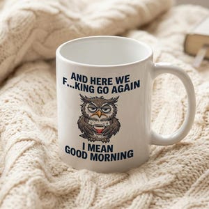 Mug with grumpy owl And Here We Go Again Funny coffee gift image 3
