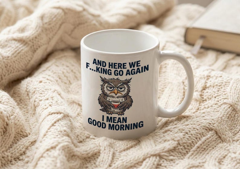 Mug with grumpy owl And Here We Go Again Funny coffee gift image 3