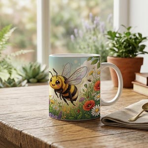 Mug Cute Honey Bee Meadow Illustration image 1