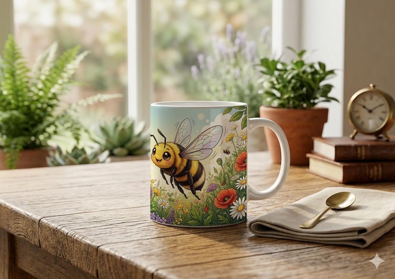 Mug Cute Honey Bee Meadow Illustration image 1
