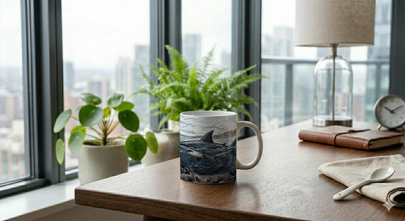 Mug Swimmer Shark Pursuit Scribble Style Coffee Cup image 3