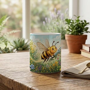 Cute mug with illustration of a flying bee and floral pattern image 4