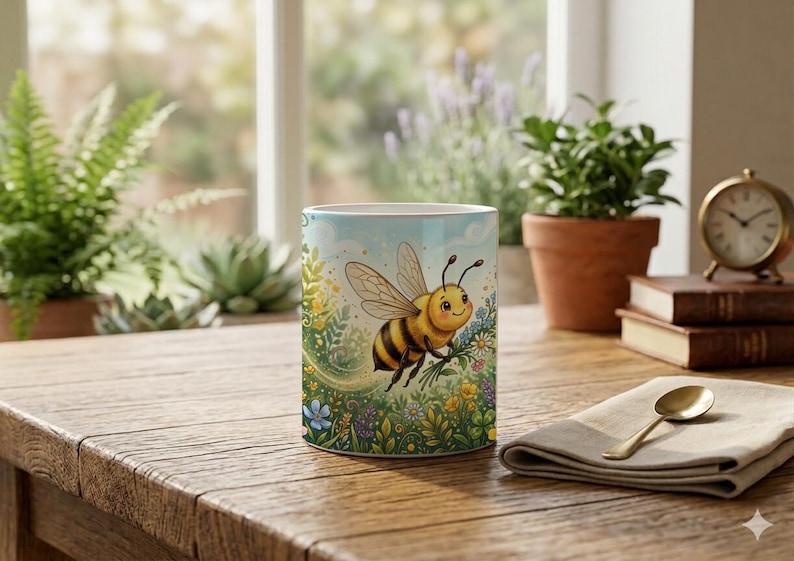 Cute mug with illustration of a flying bee and floral pattern image 4
