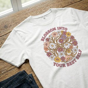 T-Shirt Blossom Into Your Best Self Retro Floral Wreath Pastel image 8