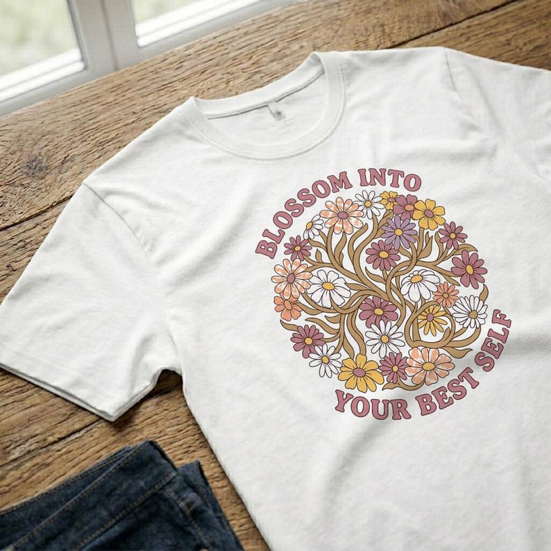 T-Shirt Blossom Into Your Best Self Retro Floral Wreath Pastel image 8