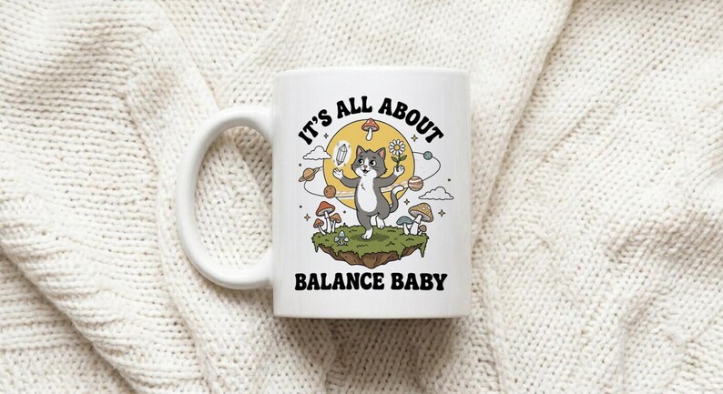 Mug Balance Cat Mushroom Daisy Retro Cartoon image 1