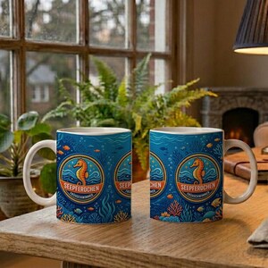 Seahorse Swimming Badge Mug | Nautical Children's Design | Ceramic Coffee Mug for Kids | Swimming Lesson Gift | Seahorse image 2