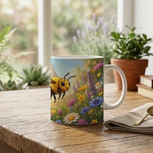 Kids Mug with Flying Honey Bee and Flower Design