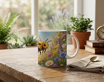 Kids Mug with Flying Honey Bee and Flower Design