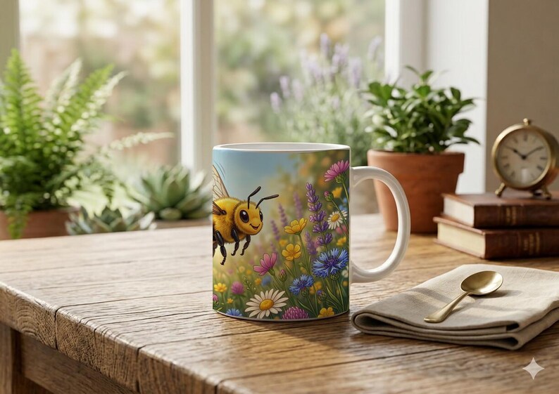 Kids Mug with Flying Honey Bee and Flower Design image 1