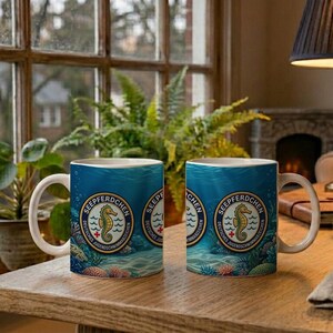 Tasse Seepferdchen für Kinder | Schwimmabzeichen Geschenk | Maritime Keramik Tasse mit Badges | Minimalistisches Design Bild 2