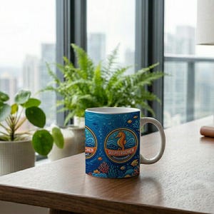 Seahorse Swimming Badge Mug | Nautical Children's Design | Ceramic Coffee Mug for Kids | Swimming Lesson Gift | Seahorse image 3