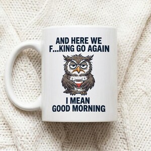 Mug with grumpy owl And Here We Go Again Funny coffee gift image 1