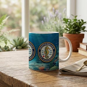 Tasse Seepferdchen für Kinder | Schwimmabzeichen Geschenk | Maritime Keramik Tasse mit Badges | Minimalistisches Design Bild 1
