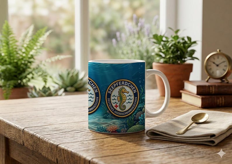 Tasse Seepferdchen für Kinder | Schwimmabzeichen Geschenk | Maritime Keramik Tasse mit Badges | Minimalistisches Design Bild 1