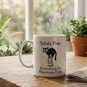 Mug Cat Balancing on Teacup Stack Totally Fine Funny Stress Humor Coffee Cup image 2
