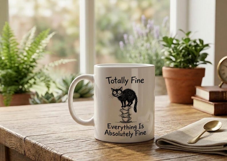 Mug Cat Balancing on Teacup Stack Totally Fine Funny Stress Humor Coffee Cup image 2
