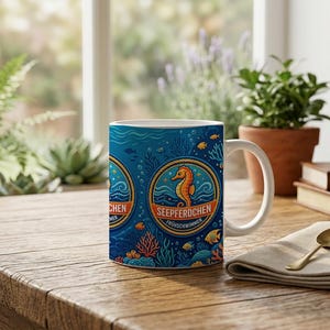 Seahorse Swimming Badge Mug | Nautical Children's Design | Ceramic Coffee Mug for Kids | Swimming Lesson Gift | Seahorse image 1