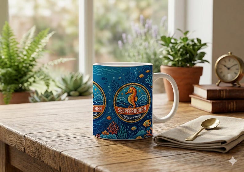 Seahorse Swimming Badge Mug | Nautical Children's Design | Ceramic Coffee Mug for Kids | Swimming Lesson Gift | Seahorse image 1