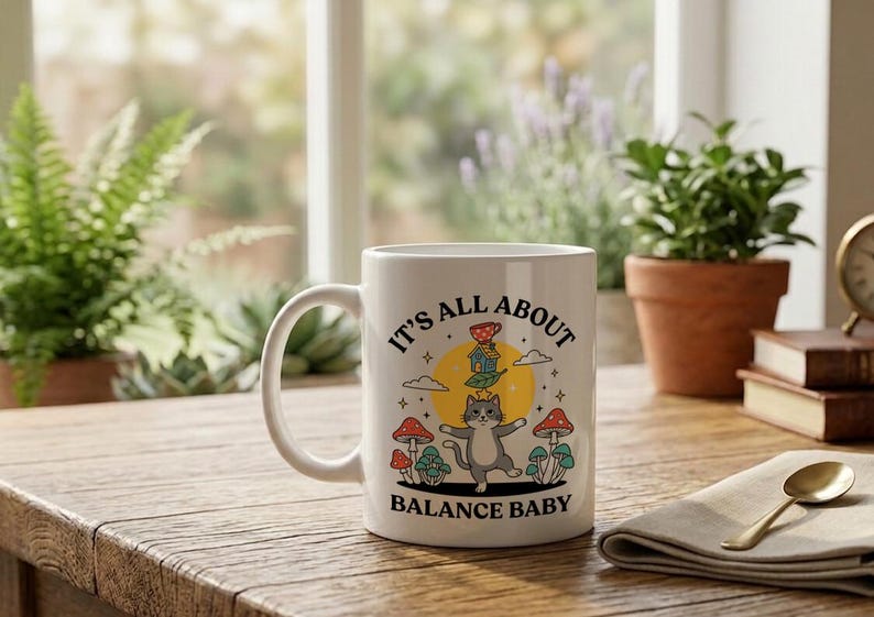Mug Balancing Cat on Unicycle with Text It's All About Balance Baby image 2