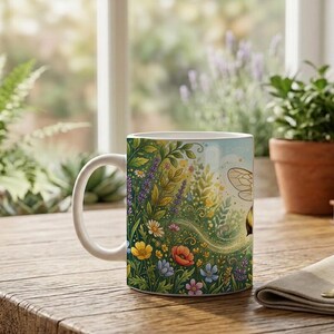 Cute mug with illustration of a flying bee and floral pattern image 5